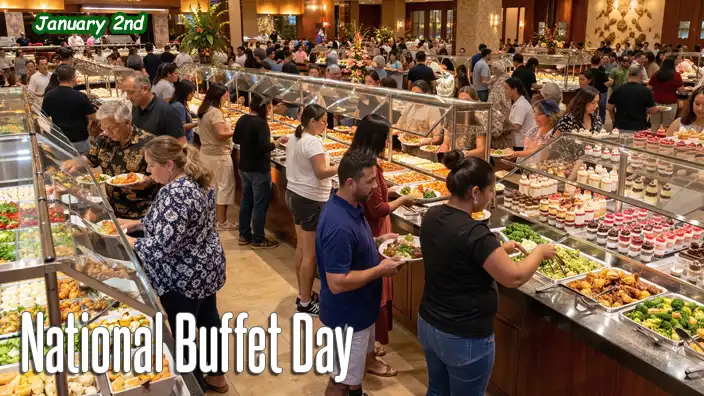 Crowds of people moving through a large buffet line, selecting food from abundant trays of meats, vegetables, and prepared dishes in a lively dining hall.