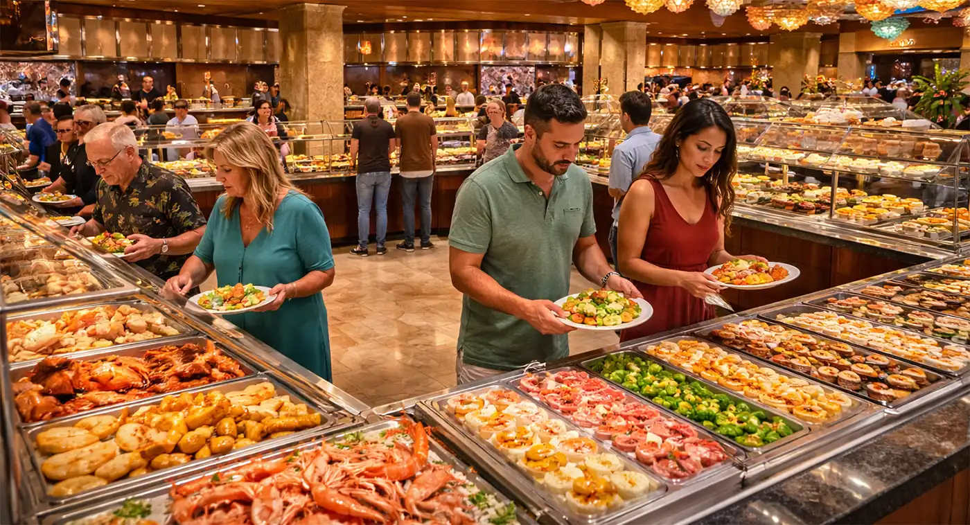 Las Vegas Buffets - Always Amazing A lively Las Vegas buffet with diners selecting from a wide variety of dishes, surrounded by bright lights, elegant décor, and abundant food displays.