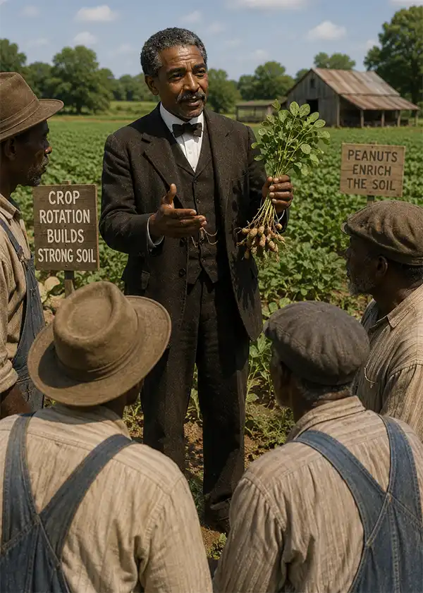 George Washington Carver addresses a group of Southern farmers in a thriving peanut field, explaining the benefits of crop rotation and sustainable farming practices during the early twentieth century.