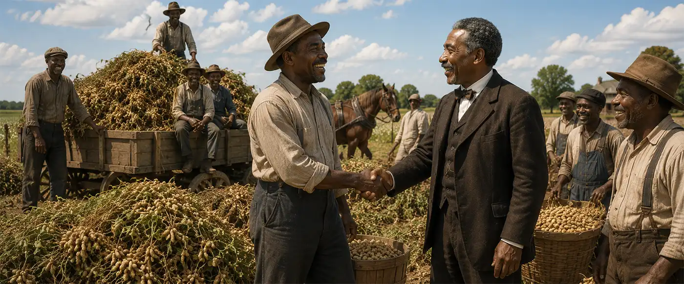 George Washington Carver shakes hands with a grateful Southern farmer as workers gather a successful peanut harvest, celebrating the improved yields made possible through crop rotation and sustainable farming practices.