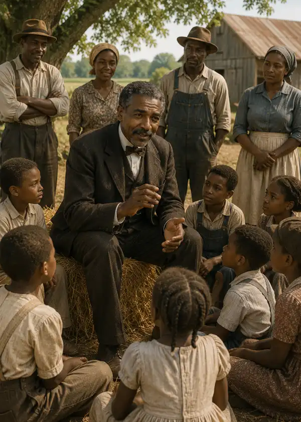 George Washington Carver sits on a hay bale teaching the children of local farmers about sustainable farming methods while their parents look on with interest at a rural Southern farm.