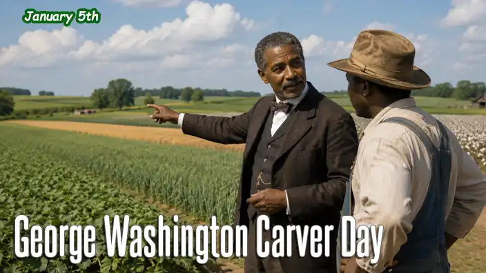 George Washington Carver stands with a Southern farmer on a sunny day, pointing across cultivated fields while explaining the benefits of crop rotation and sustainable farming.