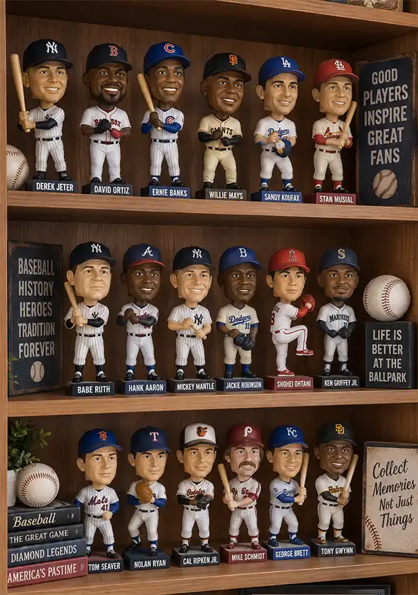 A collection of baseball bobbleheads featuring legendary players displayed on wooden shelves alongside baseball memorabilia and vintage-style signs.