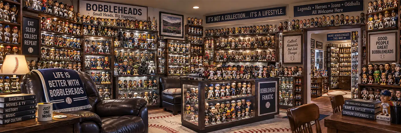 A dedicated bobblehead collector’s room packed from floor to ceiling with hundreds of sports, entertainment, historical, and pop culture bobbleheads displayed on shelves and in glass cases.