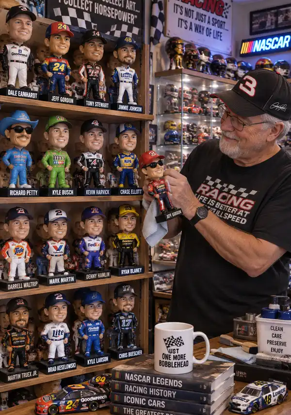 A proud collector carefully tends his extensive collection of car racing bobbleheads, surrounded by racing memorabilia, model cars, helmets, and displays.