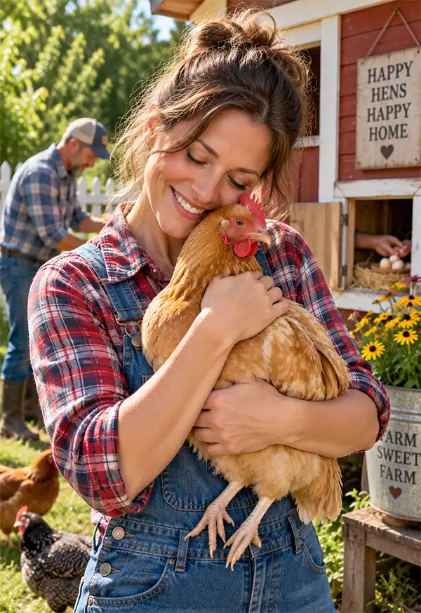 A smiling mother lovingly hugs her favorite chicken beside the backyard coop while Dad gathers fresh eggs in the background.