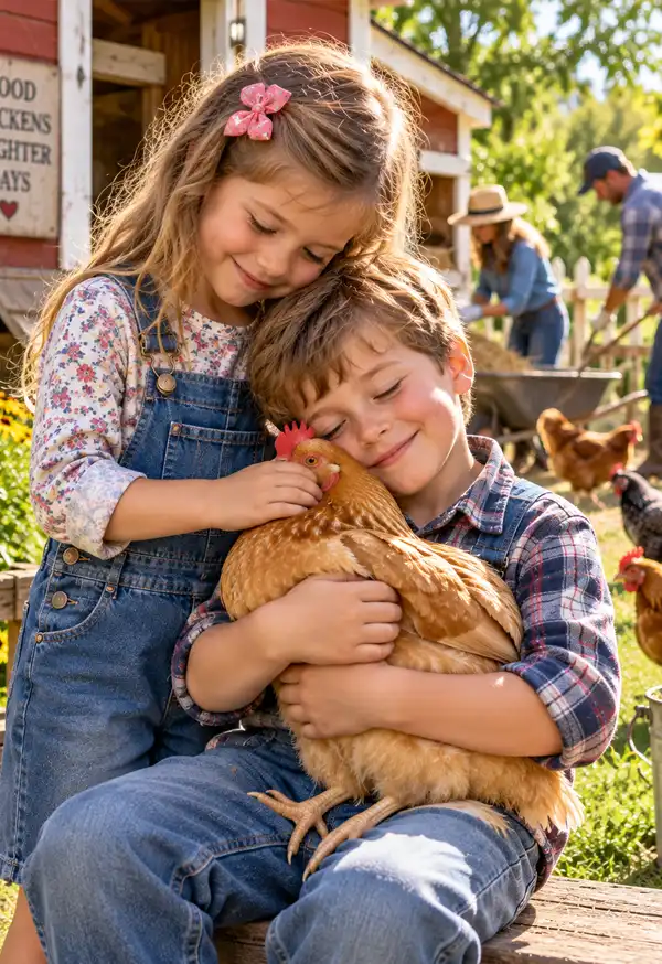 A young boy lovingly snuggles his chicken while his sister gently strokes its feathers as their parents clean the backyard coop.