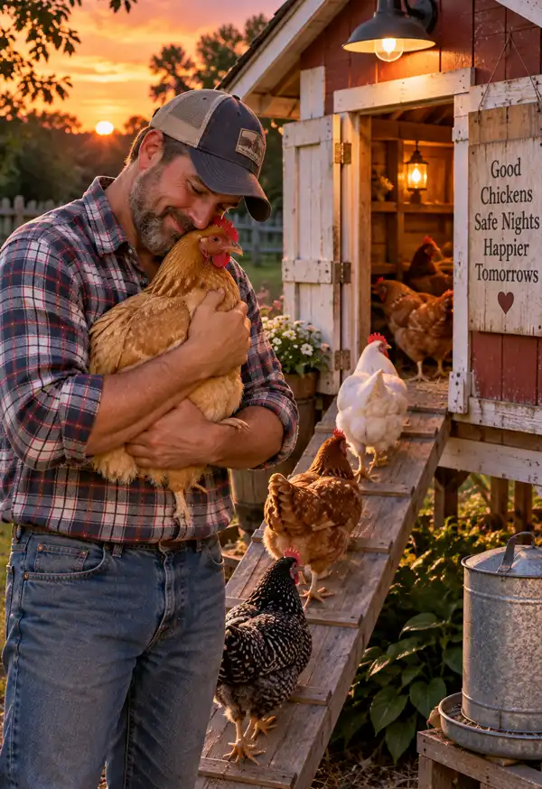 A father gives his chicken a gentle goodnight snuggle at sunset while the rest of the backyard flock heads safely into the coop to roost.