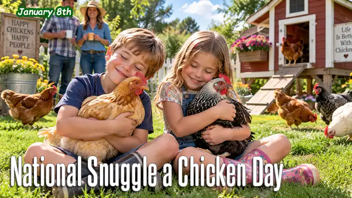 Two children happily snuggle chickens on a sunny backyard lawn while their parents stand near the family chicken coop.