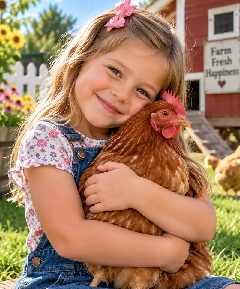 A smiling young girl lovingly snuggles her favorite brown chicken in the sunshine beside a backyard chicken coop.