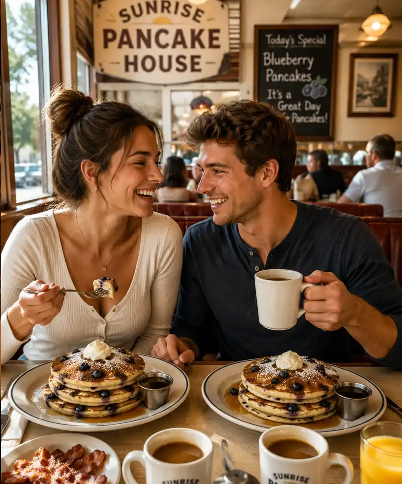 Young couple enjoying blueberry pancakes and coffee together at a cozy pancake house during a relaxed American breakfast date.