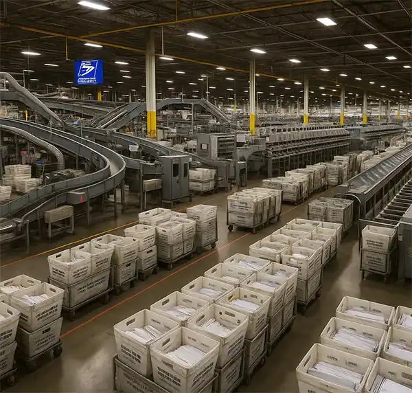 A modern sorting warehouse of the US Postal Service.