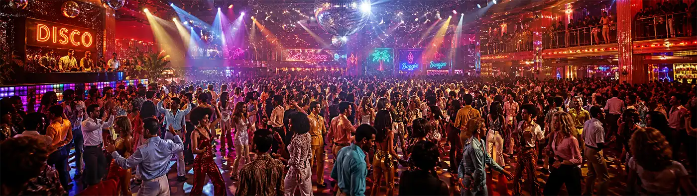 A packed disco nightclub with colorful lights, mirror balls, and a lively crowd dancing beneath a spacious ceiling, capturing the energy and excitement of the disco era.