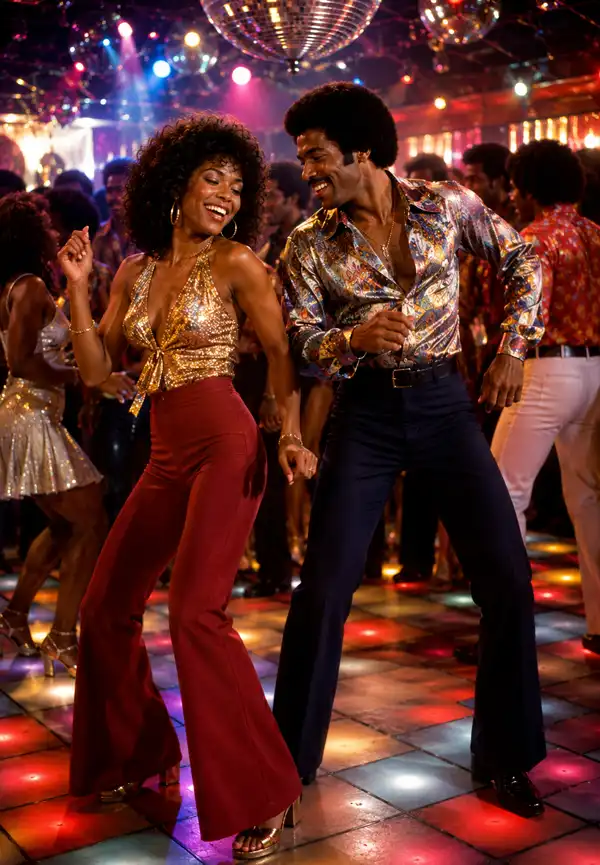Do The Duck? Disco! A joyful couple in colorful 1970s disco outfits dances together on a crowded, illuminated disco floor beneath sparkling mirror balls, surrounded by partygoers enjoying the lively nightclub atmosphere.