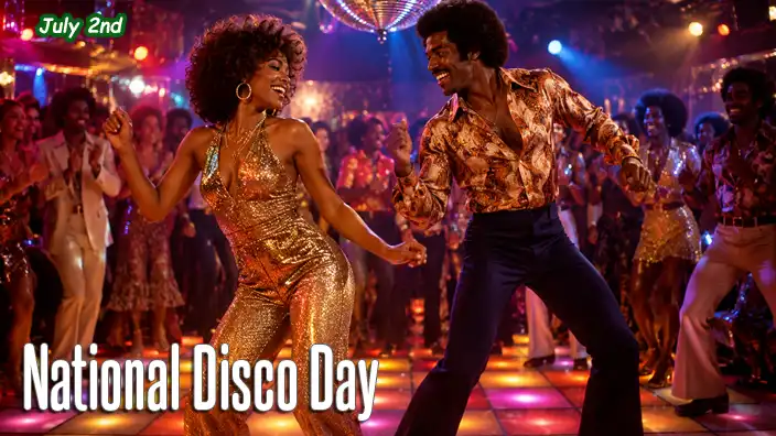 A smiling couple in colorful 1970s disco outfits dance joyfully beneath a mirror ball on a brightly lit dance floor, surrounded by a lively crowd enjoying a disco party.