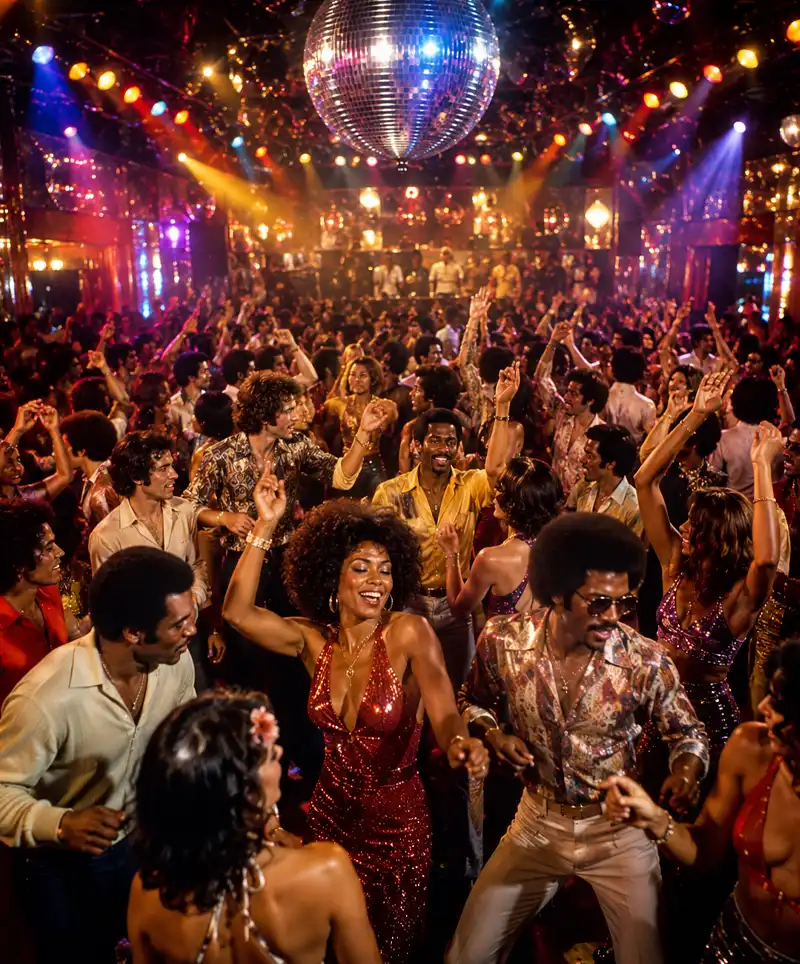 A packed 1970s disco dance floor filled with smiling dancers beneath a giant mirror ball, colorful stage lights, and a vibrant nightclub atmosphere as everyone enjoys the music and celebration.