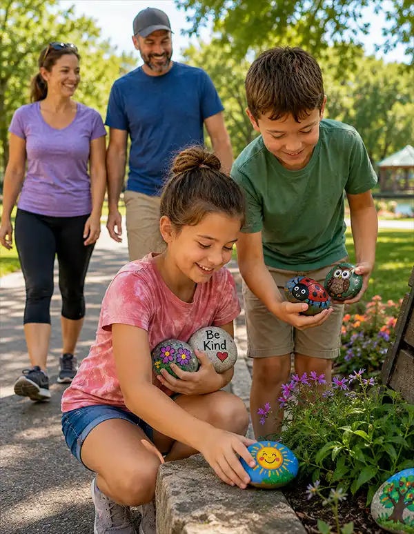 Dropping Rocks Two children place colorful painted kindness rocks around a local park while their parents enjoy a family walk behind them. The decorated rocks featuring flowers, animals, trees, and positive messages bring creativity and joy to the community.