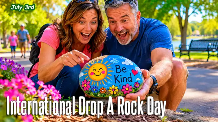 Happy couple discovers a brightly painted kindness rock in a sunny park, admiring its colorful design and uplifting message while enjoying a walk along a tree-lined path.