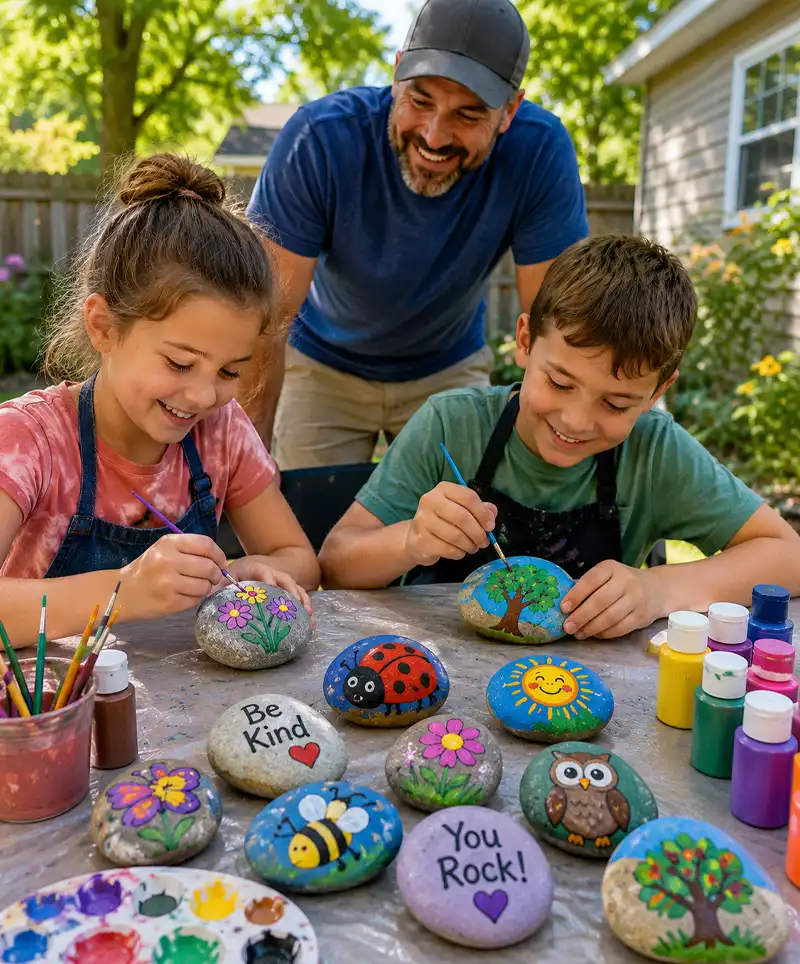 Two children paint colorful rocks featuring flowers, animals, trees, and positive messages at a covered backyard table while their father watches proudly, encouraging their creativity and kindness project.