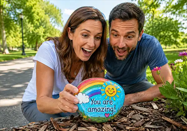 A pleasant find while walking in the park Colorful painted rock becomes the center of attention as a delighted couple pauses during a park stroll, surprised and pleased by their unexpected artistic discovery.
