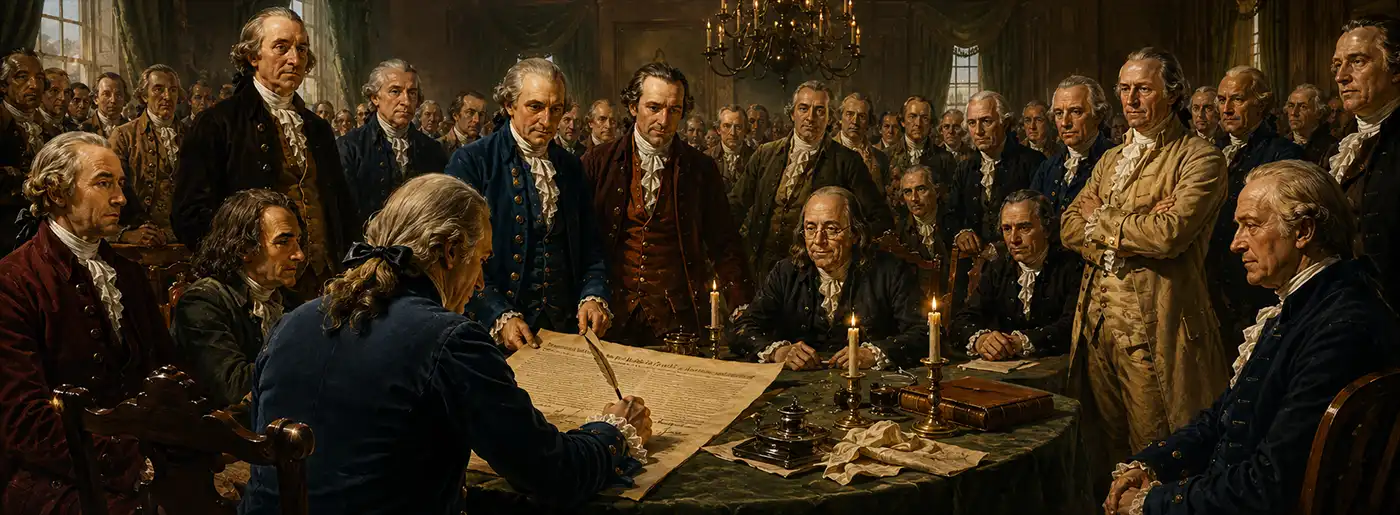 Viewed from behind John Hancock, the signing of the Declaration of Independence unfolds in a crowded colonial chamber as America's founders gather around the table, watching the historic signature that would help launch a new nation.