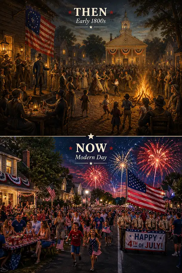 A side-by-side comparison of Independence Day celebrations shows an early 1800s American town gathering around bonfires, music, and patriotic festivities above a modern Fourth of July celebration featuring families, parades, American flags, and fireworks lighting the night sky.