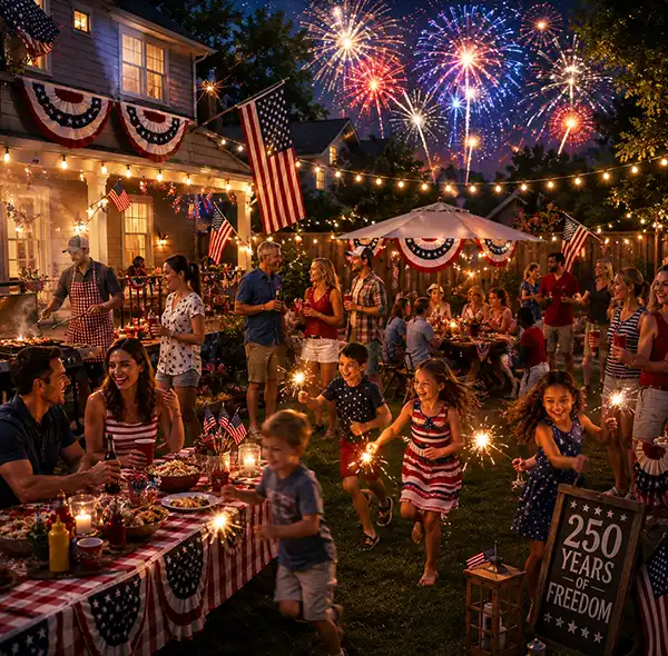 Families and neighbors gather for a festive backyard Independence Day celebration, enjoying barbecue, drinks, and conversation while children run with sparklers beneath colorful fireworks and patriotic decorations honoring America's 250th birthday.