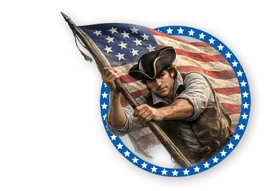 An American Patriot carries the American Flag through a blue circle of white stars on a transparent background.