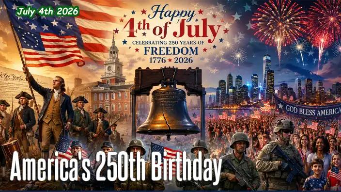 A patriotic Fourth of July celebration combines Revolutionary War patriots, the Liberty Bell, American flags, modern service members, fireworks, and cheering families, highlighting 250 years of American history and independence.