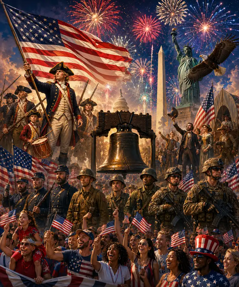 A patriotic America 250 celebration scene featuring Revolutionary War patriots, Civil War and modern military service members, the Liberty Bell, the Statue of Liberty, American flags, cheering crowds, and colorful fireworks illuminating the night sky.