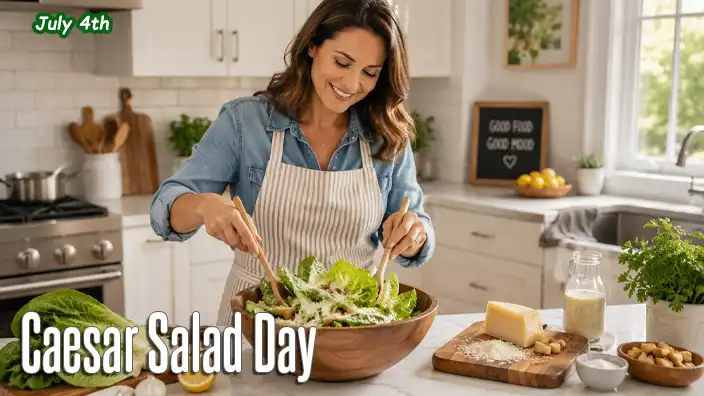 A smiling mother prepares a fresh homemade Caesar salad in a bright modern kitchen, tossing crisp romaine lettuce with Parmesan cheese, croutons, and creamy dressing.