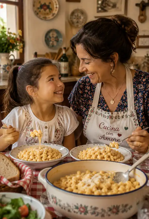 A smiling mother and her young daughter enjoy bowls of freshly made macaroni together in a cozy kitchen, sharing a warm family moment over a comforting homemade meal.