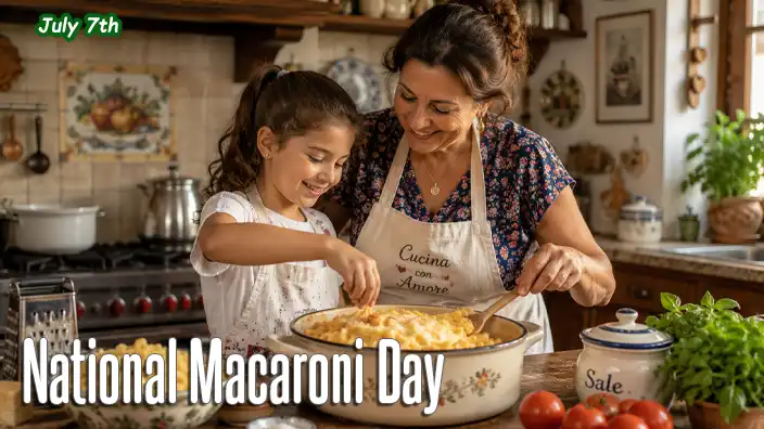An Italian mother and her young daughter happily prepare homemade macaroni together in a warm, traditional Italian kitchen filled with fresh ingredients and family charm.