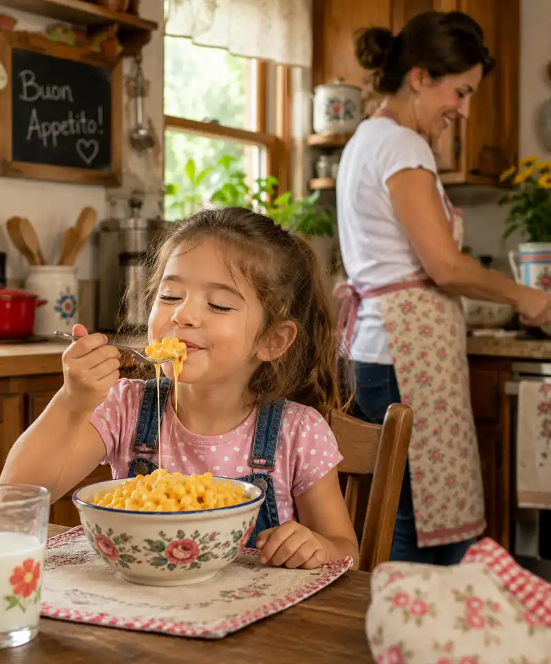 A happy young girl enjoys a bowl of creamy macaroni and cheese at the kitchen table while her mother prepares a meal nearby in a warm, welcoming family kitchen filled with rustic charm.