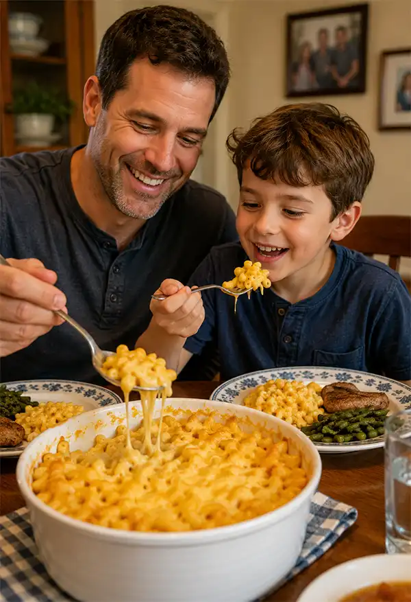 A father and his young son enjoy a family meal at the dining room table, sharing a generous serving of creamy macaroni as the centerpiece of a warm and welcoming dinner.