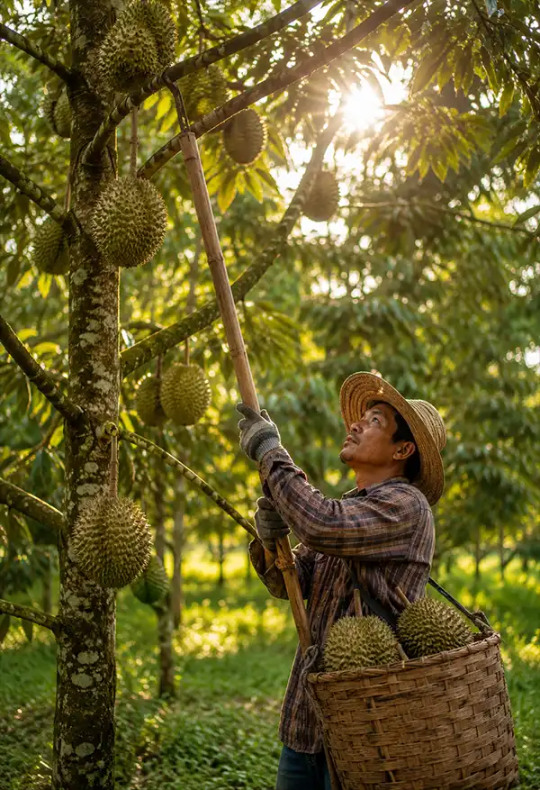 Durian Harvest A farmer harvests ripe durians from a sunlit orchard in Malaysia, using a long pole to reach the spiky fruits hanging from a productive durian tree.