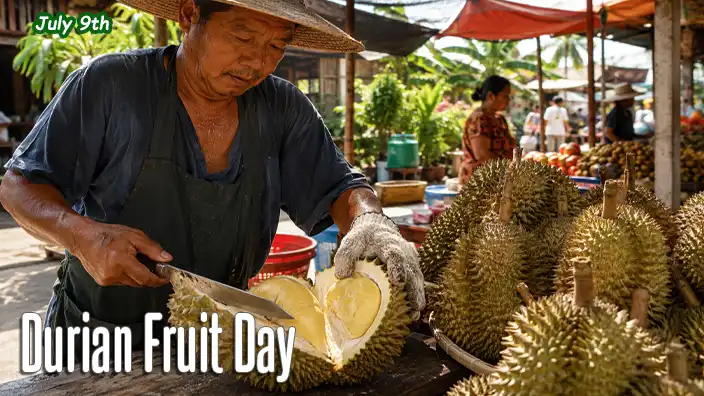 A Thai fruit vendor prepares a ripe durian at an outdoor market on a hot tropical day, revealing the fruit's creamy flesh inside its spiky shell.