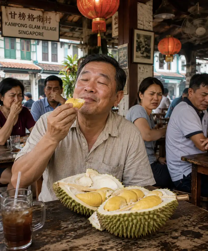 A man happily enjoys fresh durian fruit at a rustic Singapore village eatery while nearby diners react with curiosity and uncertainty to the famous tropical delicacy.