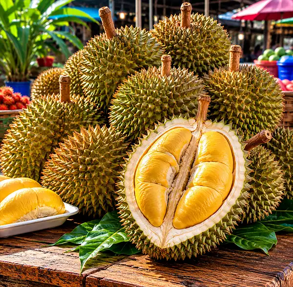 Fresh Durians Fresh durians are stacked at a tropical market display while an opened fruit showcases the rich, custard-like sections that make the King of Fruits famous.