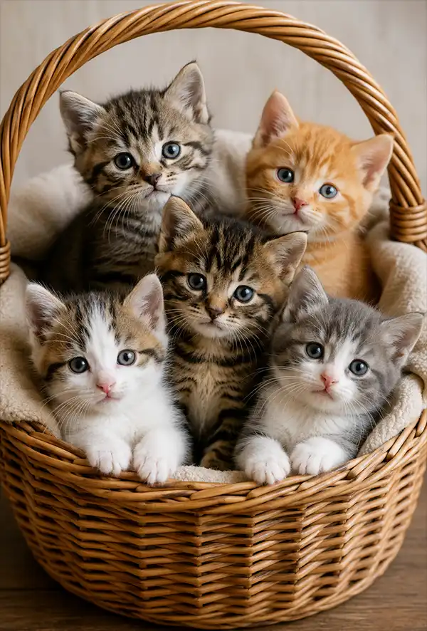 A Basket Full of Joy Five adorable kittens with bright eyes and colorful markings sit snugly together in a wicker basket, creating an irresistibly cute and heartwarming scene that captures the playful charm of kittenhood