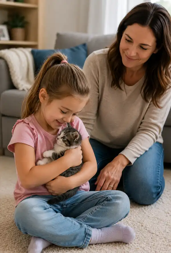 Her New Friend A young girl sits on the living room floor cuddling her new kitten while her mother watches nearby, supervising the interaction and helping create a safe, loving introduction between child and pet.