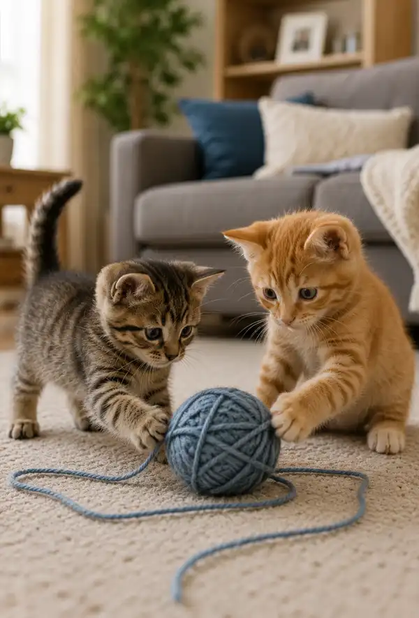 KIttens and the proverbial Ball of Wool Two playful kittens sit on a living room carpet batting at a ball of yarn, their curious expressions and energetic antics capturing the joyful spirit of kittenhood.