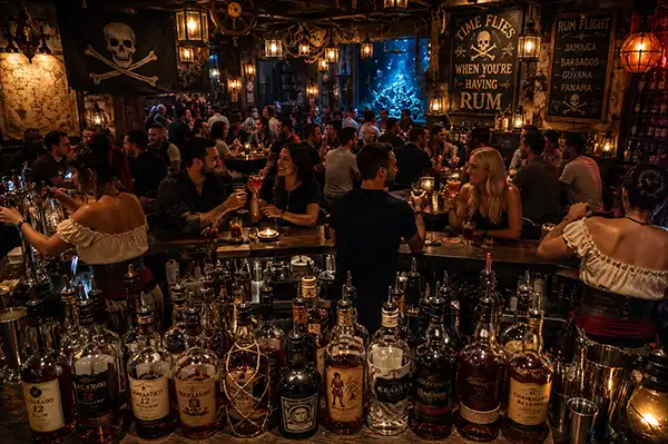 Busy pirate-themed rum bar viewed from behind the bar, with rows of rum bottles in the foreground and patrons enjoying drinks throughout the lively tavern. Pirate-inspired décor, nautical artifacts, warm lantern lighting, and costumed waitresses create a modern swashbuckling atmosphere filled with fun, conversation, and celebration.