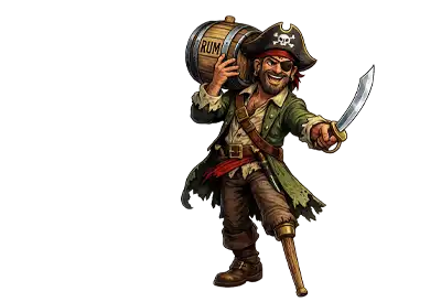 Cartoon pirate with a peg leg and eye patch carries a barrel of rum on his shoulder while brandishing a cutlass in the other hand. The grinning swashbuckler strikes a bold, challenging pose, daring anyone to come near his prized cask of rum.