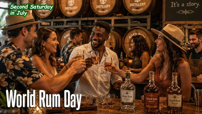 Visitors enjoy rum tastings and conversation inside a rustic distillery bar, raising glasses in a toast while rows of aging barrels and bottles create a warm, inviting atmosphere.