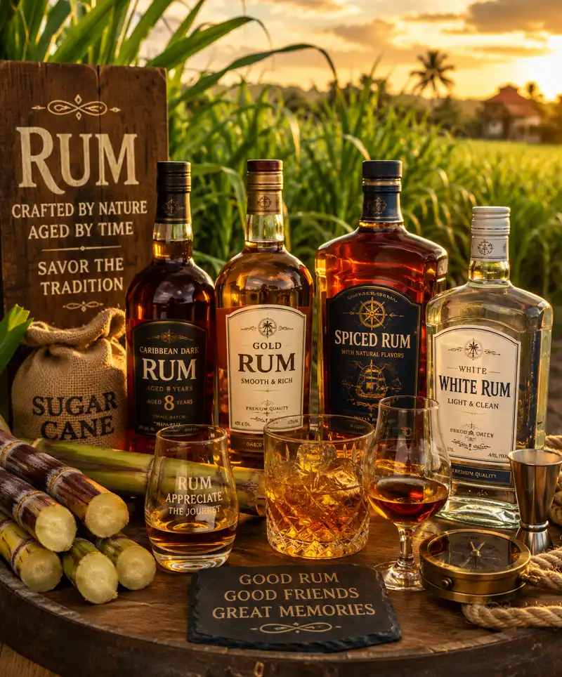 Display of premium rum bottles and tasting glasses arranged on a rustic wooden table beside freshly cut sugarcane, with a sunlit sugarcane field stretching into the background. The scene highlights the connection between rum production and its sugarcane origins in a warm tropical setting.