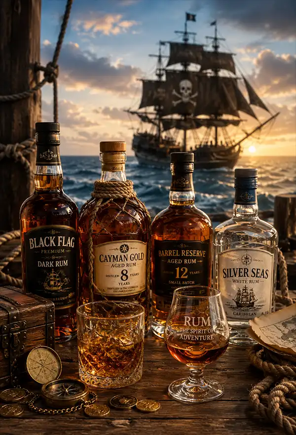 Collection of rum bottles and tasting glasses displayed on a weathered wooden table aboard a ship, with nautical treasures and navigation tools nearby. In the background, a pirate ship sails across the open sea at sunset, creating a dramatic scene inspired by rum's legendary connection to maritime adventure and pirate lore.