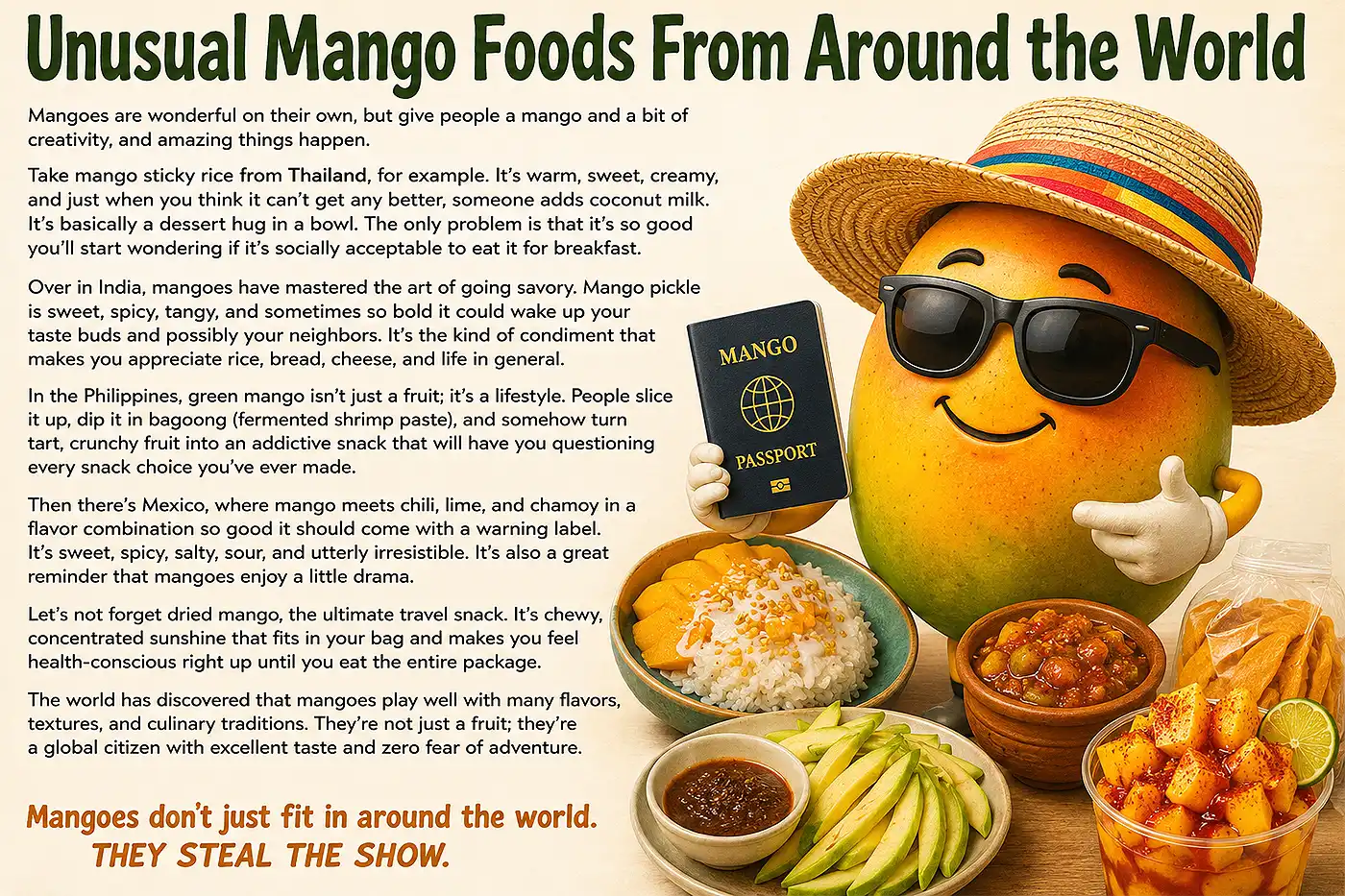 Illustrated guide showcasing unusual mango foods from around the world, featuring mango sticky rice, mango pickle, green mango snacks, chili mango treats, and dried mango alongside a cheerful mango character wearing sunglasses and a travel hat.