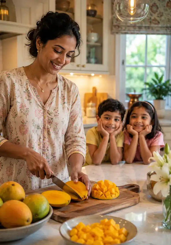 Mango, better than candy A Mother stands in a bright, modern kitchen slicing fresh mangoes on a cutting board while her two excited children watch eagerly, waiting for their sweet tropical treat.