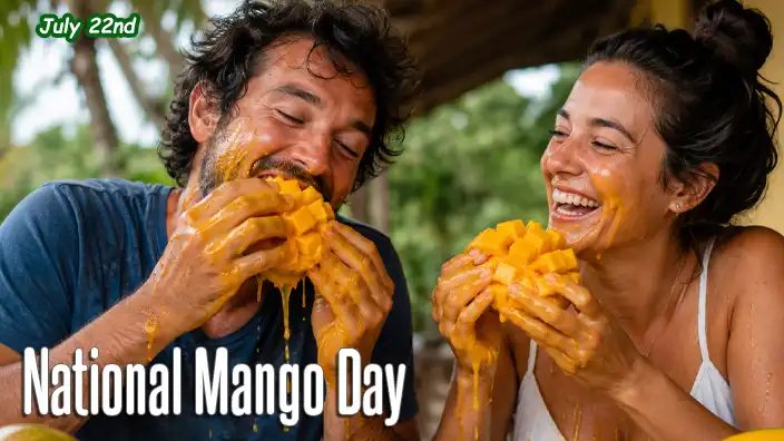A smiling man and woman laugh as they eat ripe mangoes outdoors, with bright orange juice dripping down their hands and faces in a delightfully messy tropical moment.